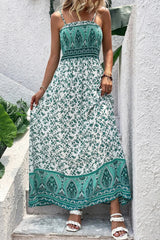 Green Boho Floral Print Shirred Cami Maxi Dress