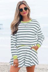 Gray Stripe Contrast Ribbed Banding Long Sleeve Blouse Loose Shorts Set