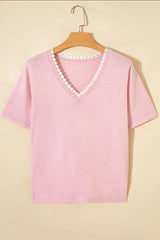 Strawberry Pink Lacy V Neckline Short Sleeve Sweater