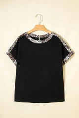 Black Plus Size Leopard Patchwork Round Neck Loose Tee