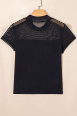 Black Sheer Mesh Patchwork Cap Sleeve T Shirt