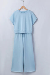 Clearly Aqua Solid Color Loose Tee Drawstring Wide Leg Pants 2pcs Outfit