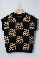 Red Leopard Checkerboard Short Sleeve Knit Sweater