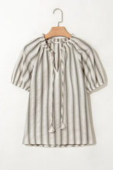 Gray Stripe Frilled Tie Neck Short Sleeve Blouse