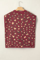 Red Leopard Print Cap Sleeve Knitted Top