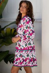 Purple Floral Print Contrast Striped Detail Long Sleeve Mini Dress