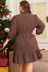 Coffee Plus Size Frilled Trim V Neck Puff Sleeve Textured Mini Dress
