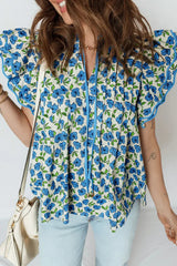 Sky Blue Tiered Flutter Sleeve Pleated Flower Blouse
