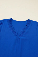Sky Blue Frilled V Neck Bracelet Sleeve Shift Mini Dress