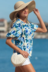Sky Blue Floral Print Short Puff Sleeve V Neck Blouse