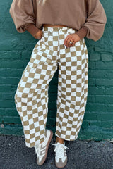 White Checkered Print Denim Barrel Pants