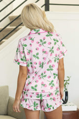 Pink Striped Strawberry Print Lapel Shirt Drawstring Shorts 2pcs Pajama Set