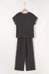 Carbon Grey Leopard Patchwork Edge Twisted Rib T Shirt and Cropped Pants Set