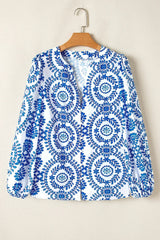 Sky Blue Vintage Geometric Printed Puff Sleeve Slit V Neck Shirt