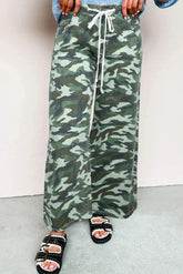 Green Camouflage Print Wide Leg Drawstring Denim Pants