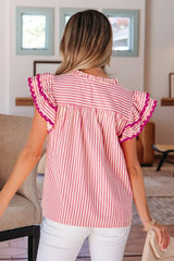 Rose Stripe Shirred Yoke Ruffled Short Sleeve Blouse