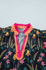 Black Floral Print Contrast Trim Tiered Ruffled Short Sleeve Blouse