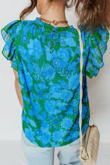 Green Floral Print Ruffled Sleeve Summer Blouse