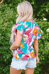 Multicolour Abstract Print Notched Neck Flutter Sleeve Blouse