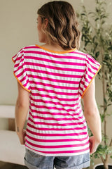 Rose Red Striped Ruffle Sleeve Crew Neck Blouse