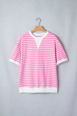 Pink Stripe Round Neck Drop Shoulder Short Sleeve Loose Top