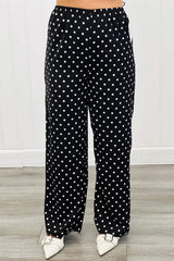 Black Polka Dot Print Elastic Waist Lace Hem Loose Pants