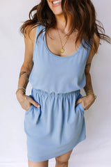 Sky Blue Mineral Wash Elastic Waist Tank Dress with Side Pockets