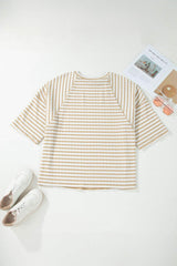 Apricot Stripe Plus Size Textured Patchwork Detail Half Sleeve Top