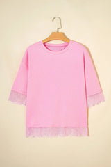 Pink Eyelash Floral Lace Patchwork Half Sleeve Oversize Tee