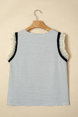 Black Stripe Contrasted Ruffle Trim Casual Tank Top