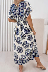 Blue Boho Floral Print Contrast Patchwork V Neck Dolman Maxi Dress