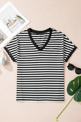 Black Striped Print V Neck Delicate Trim Casual Tee