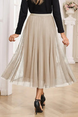 Apricot Tulle Mesh Overlay Flared Midi Skirt