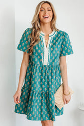 Green Contrast Trim V Neck Short Sleeve Floral Dress