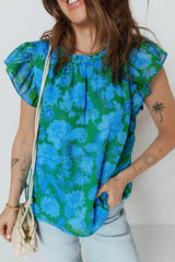 Green Floral Print Ruffled Sleeve Summer Blouse