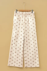 Apricot Bow Print Drawstring Elastic Waist Loose Corduroy Pants