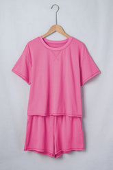 Bright Pink Seam Detail Raw Edge Tee Rainbow Waistband Casual Short Set