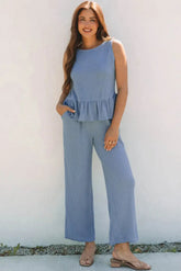 Beau Blue Solid Color Ribbed Ruffle Tank Top and Pants Set
