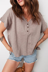 Khaki Stripe Buttoned V Neck High Low Side Slit T Shirt
