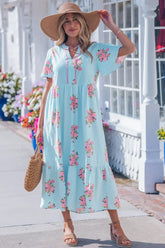 Sky Blue Notched Neck Flutter Short Sleeve Floral Print Maxi Dress