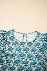 Green Abstract Print Shirred Cuff Puff Sleeve Blouse