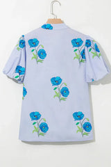 Sky Blue Floral Print Tie Split Neck Short Puff Sleeve Blouse