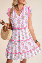 Purple Tiered Ruffles Sleeveless Summer Floral Dress