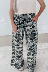 Green Camouflage Print Drawstring Casual Pants