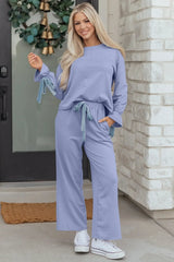 Beau Blue Flounce Long Sleeve Top Drawstring Pants Contrast Velvet Bow Knot 2pcs Lounge Set