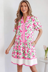 Multicolour Sweet Floral Print Striped Color Block Trim Short Dress