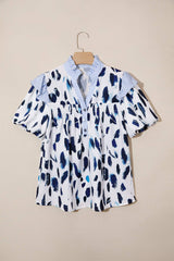 Beige Abstract Animal Print Striped Ruffle Trim V Neck Blouse