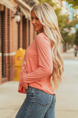 Fresh Salmon Floral Patchwork V Neck Long Sleeve T Shirt