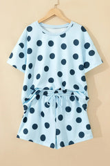 Pink Polka Dot Print Loose Tee Drawstring Elastic Waist Short Set