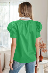 Bright Green Ricrac Trim Color Block Patchwork Shirt Collar Short Sleeve Blouse